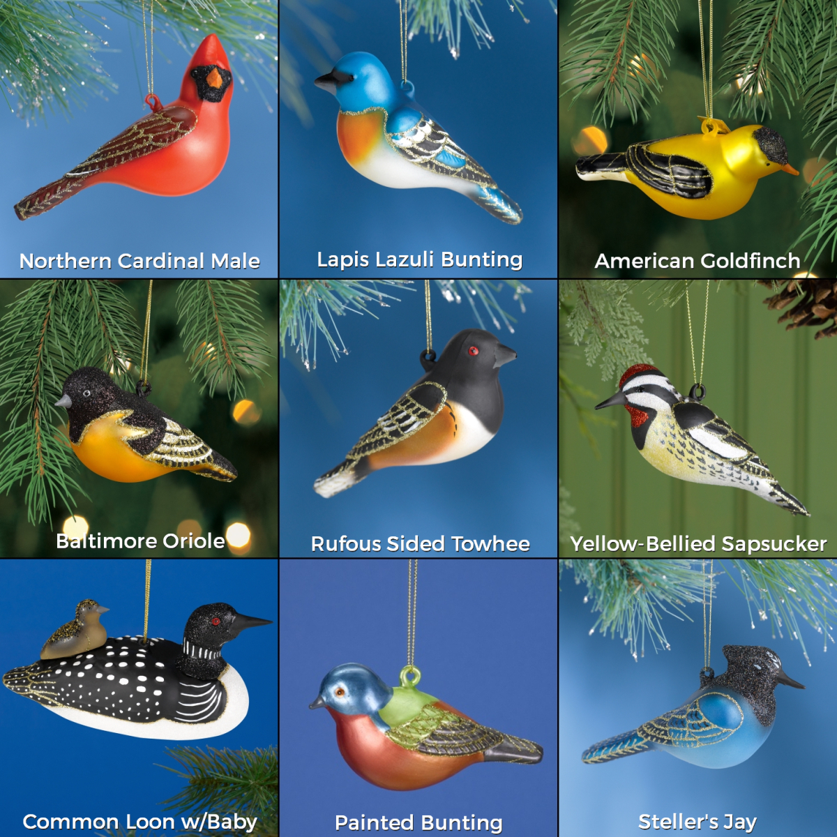 Blown Glass Bird Ornament Collection Set of 9